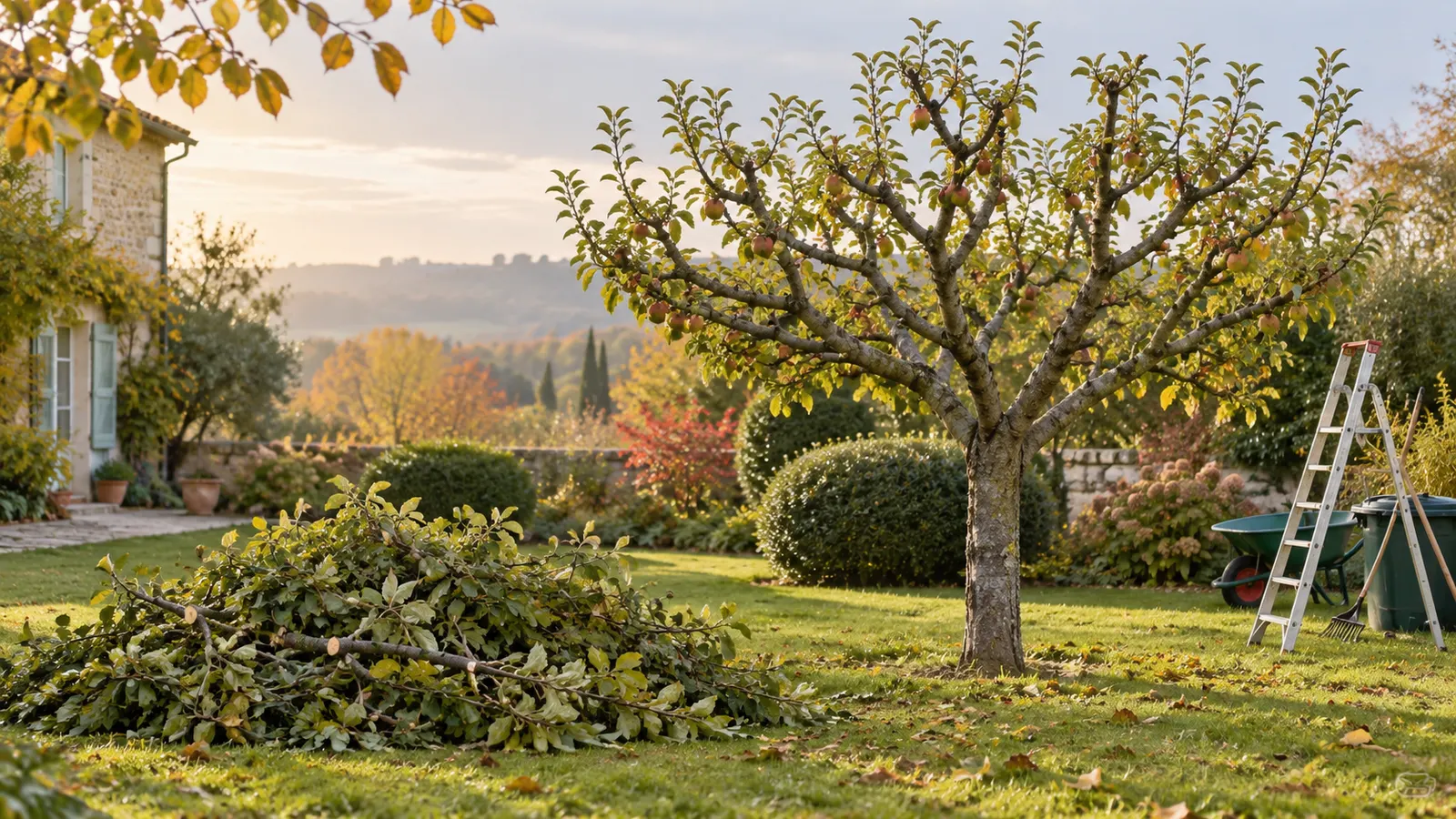 Arbre fruitier taillé dans un jardin après l’intervention d’un élagueur
